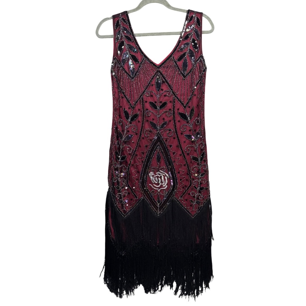 Flapper Dress Burgundy Sequin Beaded Fringe 1920s Great Gatsby Party Womens M